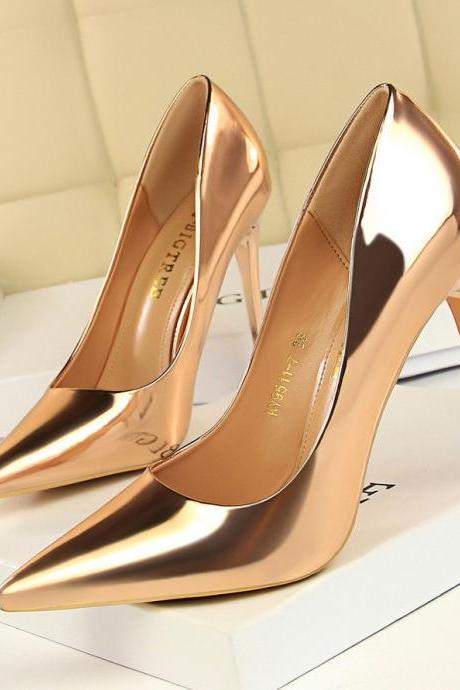 Fashion metal heel high heels women's shoes high heels shallow Open pointed sexy nightclub slimming shoes (Heel 10.5cm) S021
