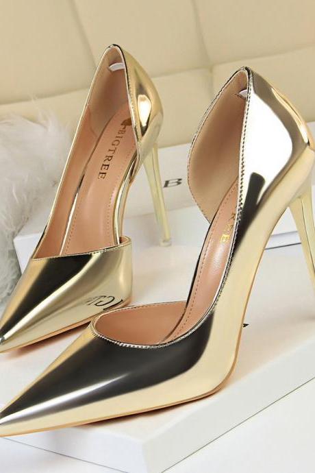 High heels simple stiletto metal heel high heels shallow open pointed toe side hollow sexy single shoes (Heel 10.5cm)S023