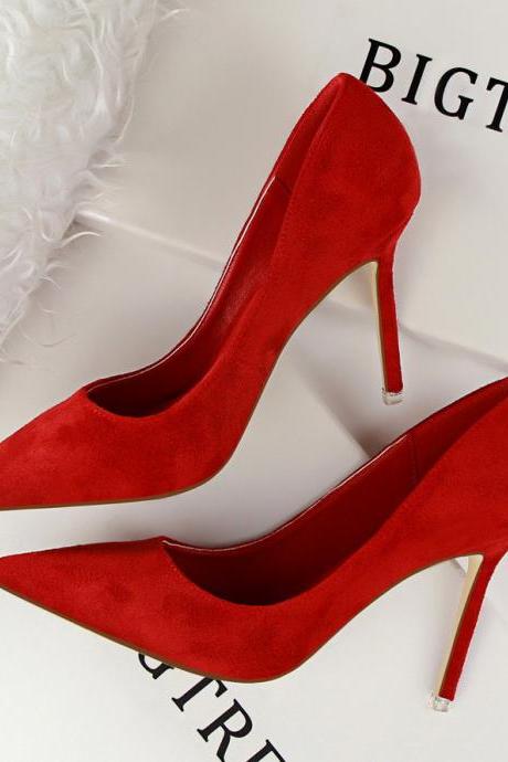 Simple stiletto high heels shallow Open pointed suede sexy thin professional OL women's single shoes (Heel 9cm) S026