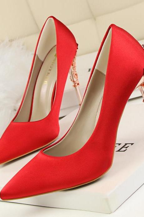 Metal heel women's shoes stiletto high heel shallow Open pointed toe satin slim single shoes wedding shoe (Heel 10cm)S027
