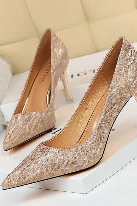 Stiletto high heels shallow Open pointed sequins sexy and slim nightclub single shoes wedding shoes S028