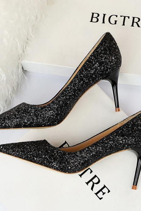Slim high heels women's shoes stiletto high heels fashion shiny sequins shoes (heel 7cm) S029