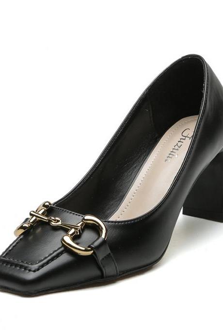 Retro High Heels Thick Heel Horsebit Temperament Small Square Toe Shoes (heel 6.5cm) S042