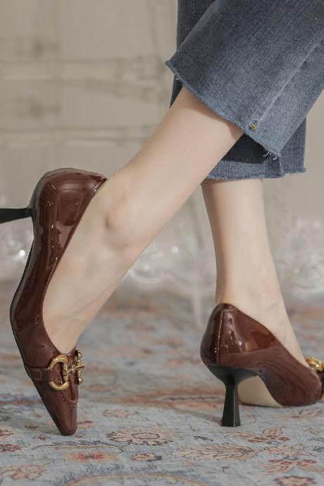 Retro Brown High Heels Solid Color Fashion Sheepskin Women&amp;#039;s Shoes Square Toe Stiletto Shoes (heel 7cm) S050