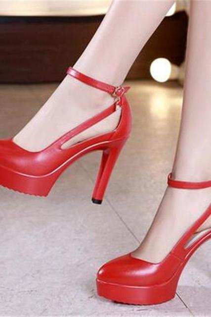 Genuine Leather Shoes Women Round Toe Pumps Sapato Feminino High Heels Fashion Black Work Shoe Plus Size (Heel 11cm) H019
