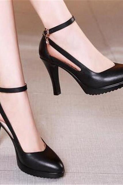 New Genuine Leather Shoes Women Round Toe Pumps Sapato Feminino High Heels Fashion Black Work Shoe Plus Size (Heel 8cm) H020