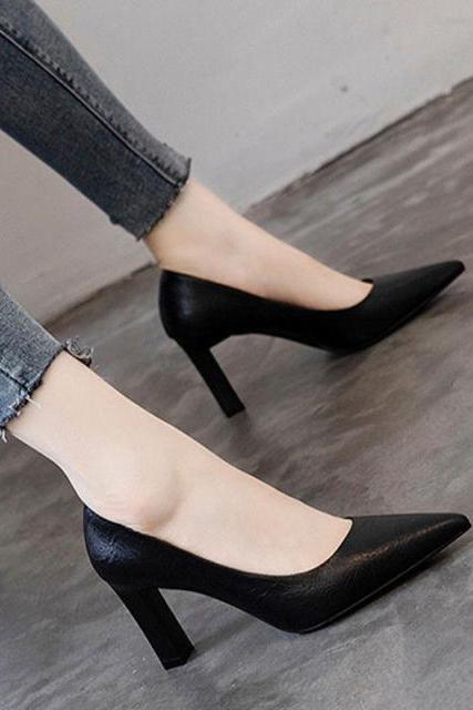 8CM thick-heeled shoes women's spring and summer new all-match soft leather high heels girls French pointed shoes H021