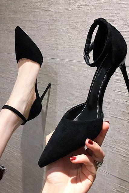 Spring and Autumn high heel women 2022 new versatile thin heel professional L pointed black buckle strap single shoe women H022