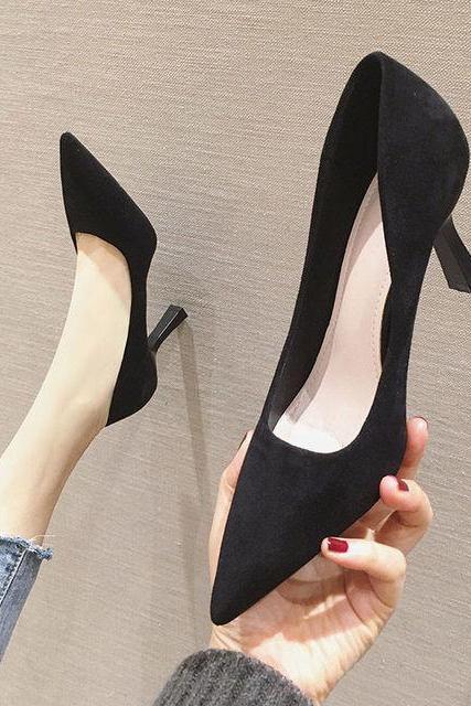 Large size spring black high heels female professional working stiletto sexy shallow toe single shoes female H024