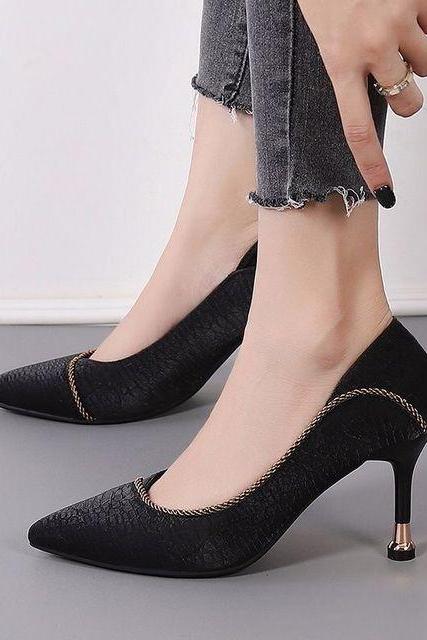 Women's Shoes Pointy Soft Leather Soft Soles Professional High Heels Thin Heels Shallow Mouth Korean Single Shoe Women (heel 7cm)