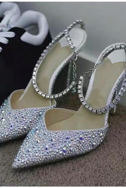 Star Style Luxury Rhinestones Chains Women Pumps Elegant High Heels Summer Ankle Strap Party Shoes Fashion Wedding Prom Shoes H029