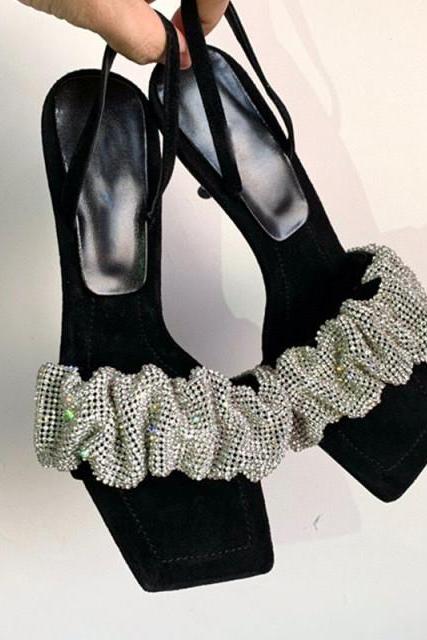  Star style Luxury Rhinestones Women Sandals Elegant stiletto High heels Slingback Gladiator sandals Summer Party Prom shoes (Heel 5.5cm) H032