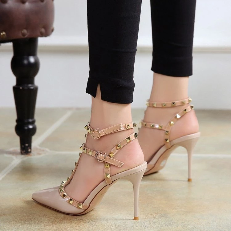 9.5cm High-heeled Shoes Female Pointed Stiletto Sexy Nightclub Word With Rivets Wild Sandals Female Summer H051