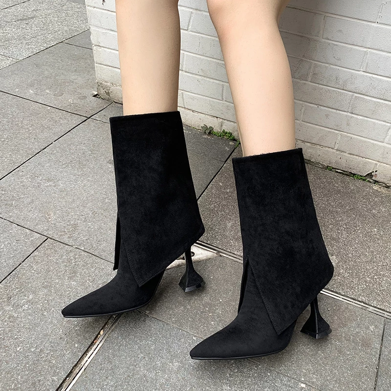 Novelty Women Splicing Boots Fashion Sexy Pointed Toe High Heels Mid Calf Boots Comfort High Quality Woman's Shoes H073