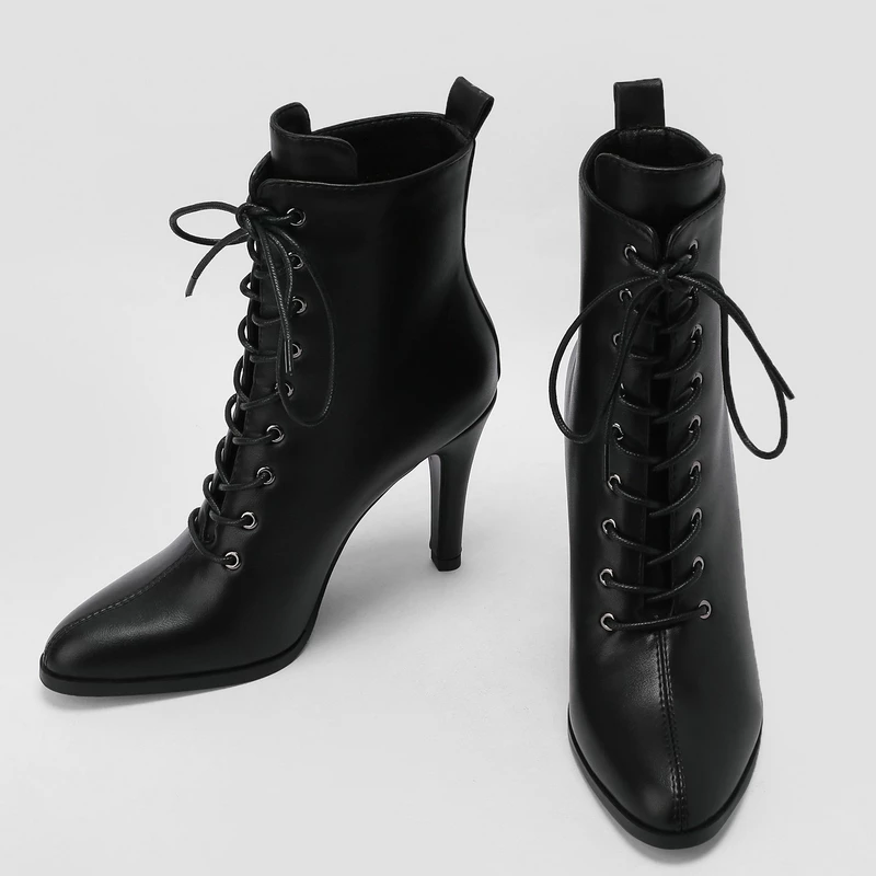 Women Ankle Boots Female Women Shoes Fashion Black High Heels Pointed Toe Lace Combat Boots For Women Autumn Winter H076