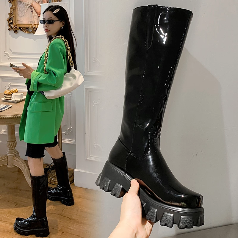 Fashion Spring Women Boots Comfort Square Platform Thick Sole Chelsea Boots Black Knee High Boots For Women Wide Calf H077