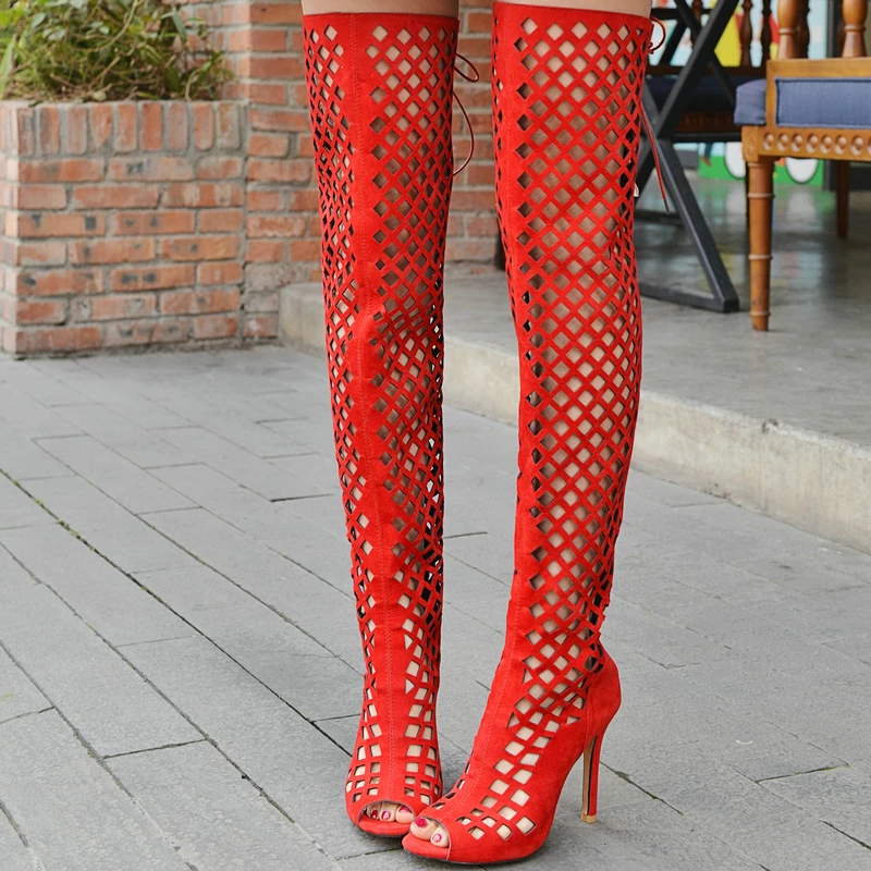 Women Shoes Fashion Sexy High Heels Over the Knee Long Boots Woman's Summer Red Fretwork Open Toe Sandals H095