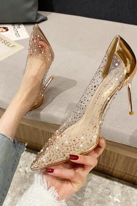High Heels Female Pointed Toe Spring And Summer Crystal Rhinestone Transparent Bridesmaid Wedding Shoes Stiletto Shoes (heel 9cm)h100