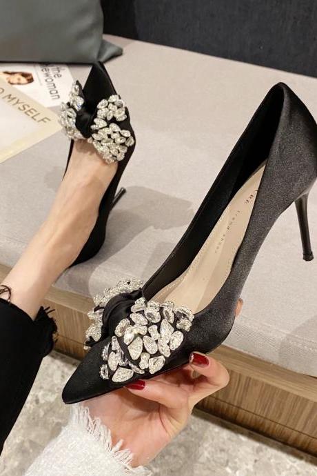 High Heels Women&amp;#039;s Stiletto Heel Bow Pointed Single Shoes Crystal Party Dress Shoes (heel 9cm) H101