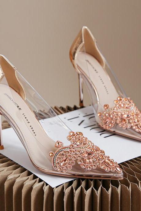 Transparent High Heels Women's Summer Pointed Toe Stiletto Shoes Rhinestone Bridesmaid Bride Wedding Shoes H106