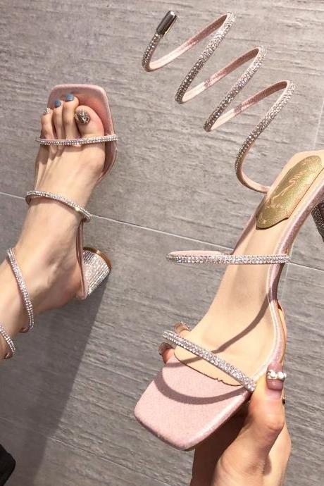 Sandals Women&amp;#039;s Thick Heel Square Head Shiny Winding Fairy Style Fashion All-match Sandals H108