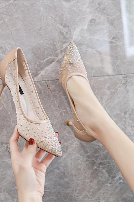 High heels women's single shoes Korean version fashion rhinestone mesh fine heel pointed toe H109