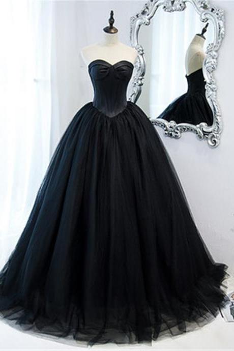 Strapless Black Prom Dress Tulle Party Dress Floor Length Lace Up Back Evening Dress