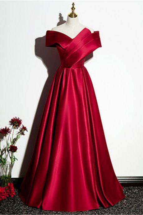 Red Full Length V Neck Cap Shoulder Prom Dress Evening Dress Custom