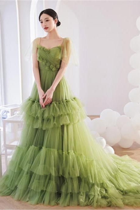 Green Full Length Strapless Cap Shoulder Prom Dress Evening Dress Custom Size