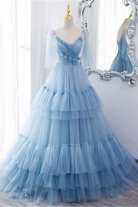 Blue Tulle Prom Dress Evening Dress Custom Size M002