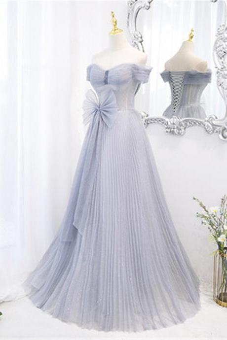 Tulle Off The Shoulder Floor Length Prom Dress Evening Dress Big Bow Custom M006