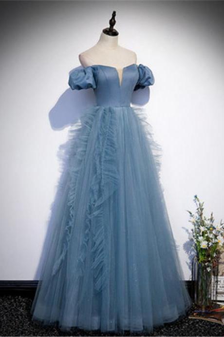 Blue Tulle Strapless Off The Shoulder Floor Length Prom Dress Evening Dress Big Bow Custom M008