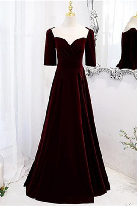 Wine Red Strapless Short Sleeve Floor Length Prom Dress Evening Dress Custom M010