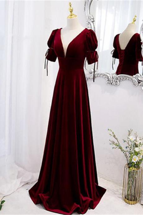 Wine Red V Neck Short Sleeve Floor Length Prom Dress Evening Dress Custom M011