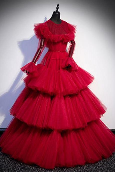 Red Long Sleeve Ball Gown Floor Length Prom Dress Evening Dress Custom M012