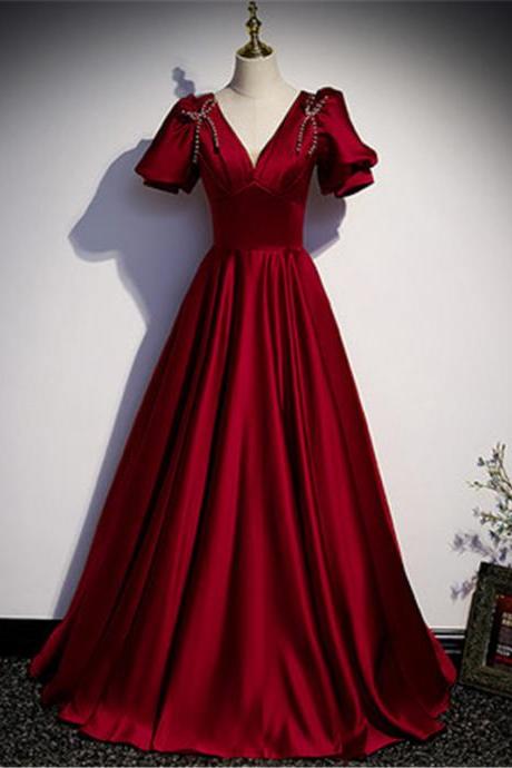 Red V Neck Short Sleeve Floor Length Prom Dress Evening Dress Custom M020