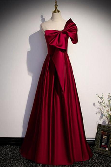 Red One Shoulder Prom Dress Evening Dress Big Bow Custom Size M023