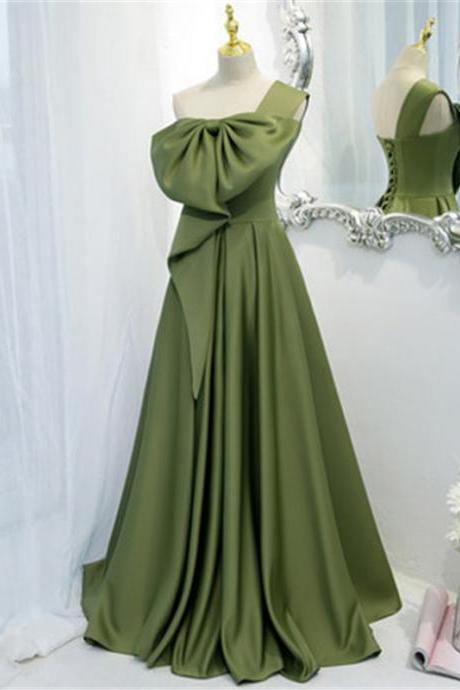 Green One Shoulder Strapless Prom Dress Evening Dress Big Bow Beading Custom Size M026