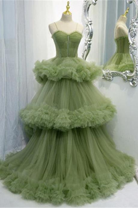 Green Ball Gown Tulle Strapless Prom Dress Evening Dress Custom Size M028