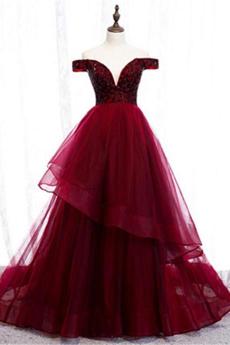 Red V Neck Tulle Beading Prom Dress Evening Dress Custom Size M033