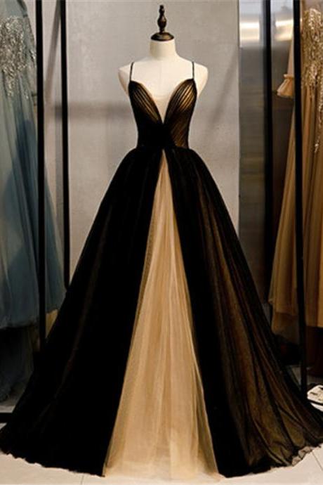 Black And Champagne V Neck Tulle Prom Dress Evening Dress Custom Size M034