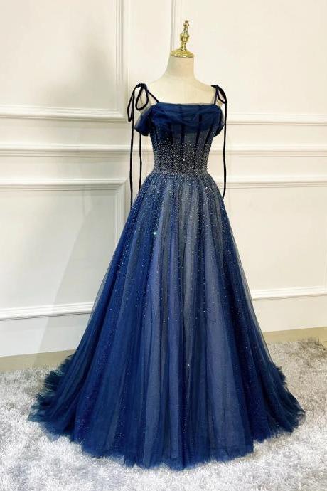 Blue Tulle Lace Applique Prom Dress Evening Dress Custom Size M043