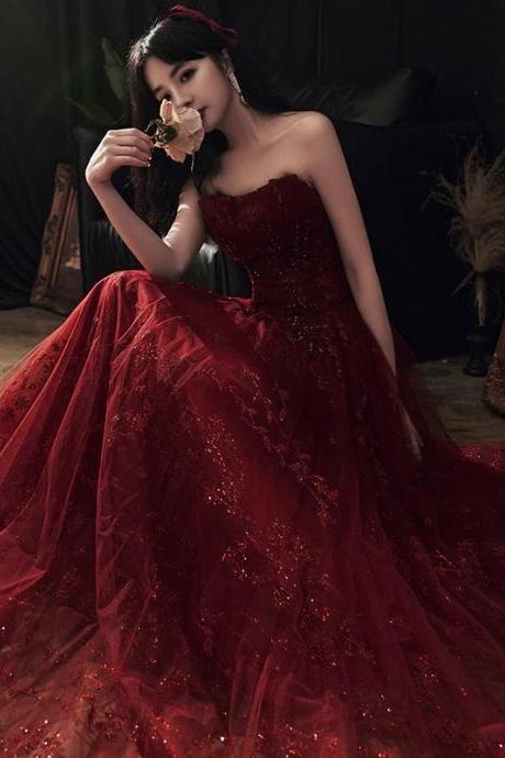 Wine Red Floral Lace And Tulle Long Evening Gown Party Dress, Burgundy Formal Dresses M046