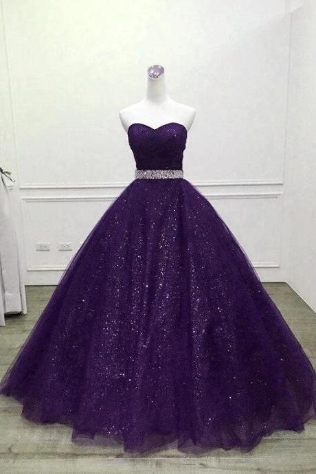 Beautiful Shiny Purple Tulle Beaded Ball Gonw Party Dress, Purple Prom Dresses M049