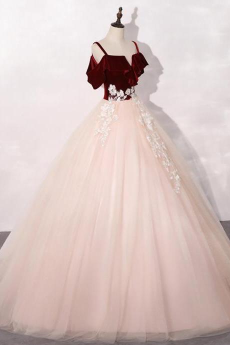 Pink Tulle With Velvet Top Long Party Dress Prom Dres, Ball Gown Sweet Dresses M051