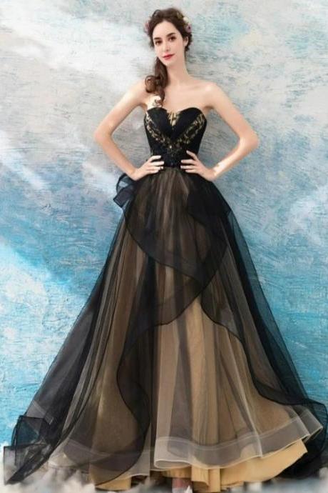 Black And Champagne Tulle Long Party Dress, A-line Fashionabe Formal Gown M052