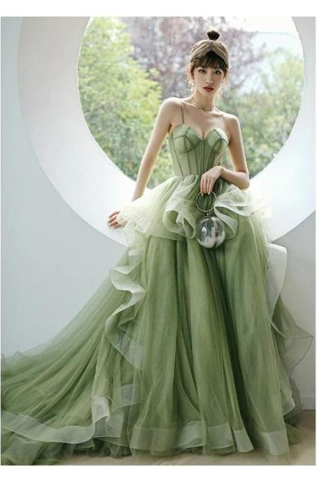 Mint Green Tulle Sweet 16 Long Formal Dress, Green Sweetheart Evening Party Dresses M062