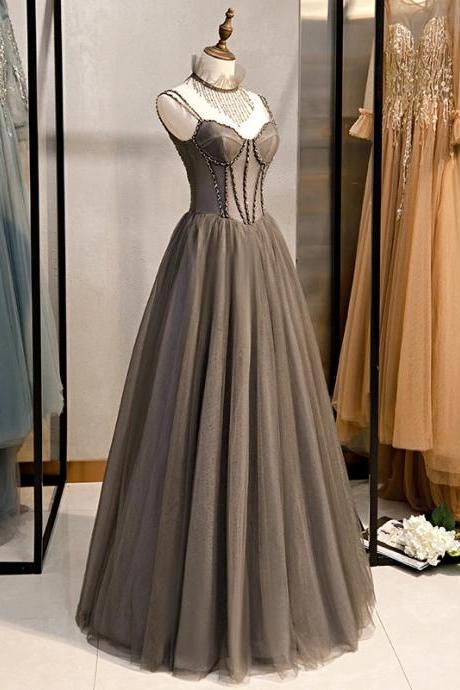 Beautiful Grey Beaded Straps Tulle Long Party Dress Formal Dress, Grey Evening Dress M064