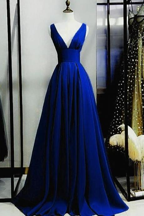 Royal Blue Satin Deepv-neckline Long Party Dress Prom Dress, Blue Formal Dresses M066