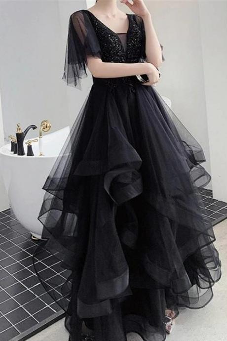 Charming Black Prom Dress V Neck Long Formal Dresses, Black Layers Long Evening Dresses M068